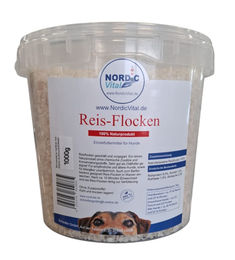 NordicVital Reisflocken Diätfutter für Hunde glutenfrei und hypoallergen 1 kg Eimer – Bild 1 von 2