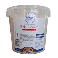 Produktbild von NordicVital Reisflocken Diätfutter für Hunde glutenfrei und hypoallergen 1 kg Eimer