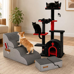 Northio Gothic Cat Komfort-Set 2-teilig mit 134 cm Kratzbaum aus Sisal und umbaubarem Treppenbett für Katzen in Schwarz und Grau – Bild 1 von 2