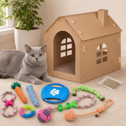 Northio Haustier Starter-Set 2-teilig mit Katzen Kratzhaus aus Pappe und buntem Hundespielzeug für Welpen – Bild 1 von 1