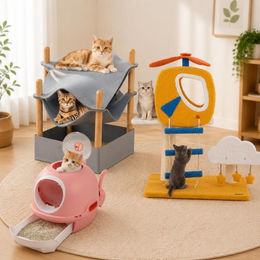 Northio Katzenmöbel-Set aus Bambus mit Hubschrauber-Kratzbaum und geschlossener Katzentoilette 3-teilig – Bild 1 von 2