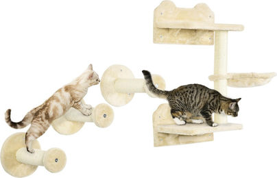 Northio Kratzbaum Set mit Sprungturm, 3 Kratzbäumen und Kletterwand mit Hängematte in Beige und Cremeweiß aus Plüsch und Sisal – Bild 1 von 1