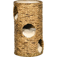Produktbild von Northio Kratztonne Katzenturm mit 3 Ebenen und Kissen aus Wasserhyazinthe, 73 cm, Hellbraun