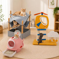 Produktbild von Northio Themen-Katzenmöbel-Set 3-teilig mit Hubschrauber-Kratzbaum geschlossener Katzentoilette und Katzenhaus aus Bambus