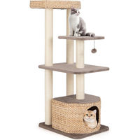Produktbild von Northix Kratzbaum aus Holz für Katzen mit Katzenhöhle, Plattformen, Ball, Sitzstange und Kissen in Grau und Braun