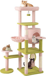 Northix Kratzbaum für Katzen mit Blumenmuster, Katzenhaus und plüschgepolsterter Plattform in Rosa und Grün – Bild 1 von 1