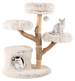 Northix Kratzbaum für Katzen mit Massivholzstamm und Plüschplattformen in Weiß und Natur, 102 cm – Bild 1 von 2