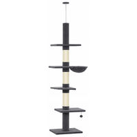 Produktbild von Novzep Deckenhoher Kratzbaum für Katzen in Grau mit 5 Etagen, Hängematte und 3 Sisal-Kratzstämmen höhenverstellbar 225-255 cm