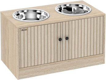 Produktbild von Novzep Futterstation für große Hunde aus Holz mit 2 Edelstahl-Näpfen und Utensilienschrank in Braun Natur