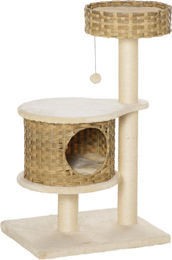 Novzep Kratzbaum aus Rattan und Sisal mit Katzenhöhle und Spielbällen 95 cm Höhe in Natur und Beige – Bild 1 von 2