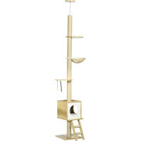 Produktbild von Novzep Kratzbaum deckenhoch mit Katzenhaus, zwei Plattformen und Hängematte, hellbraun-beige, 40 x 40 x 260 cm