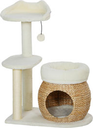 Novzep Kratzbaum für Katzen mit Katzenhöhle, Spielball und Plattform aus Schilfrohr und Sisal in Cremeweiß, 60 x 40 x 79 cm – Bild 1 von 2