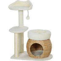 Produktbild von Novzep Kratzbaum für Katzen mit Katzenhöhle, Spielball und Plattform aus Schilfrohr und Sisal in Cremeweiß, 60 x 40 x 79 cm