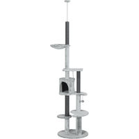 Produktbild von Novzep Kratzbaum mit Deckenspanner für Katzen in Grau mit Hängematte, Haus, Plattformen und Spielball, 225-255cm