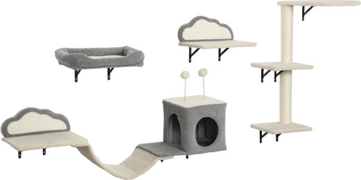 Novzep Wandmontiertes Kratzbaum-Set für Katzen mit Sisalkratzflächen und Plüsch in Beige, 4-teilig – Bild 1 von 1