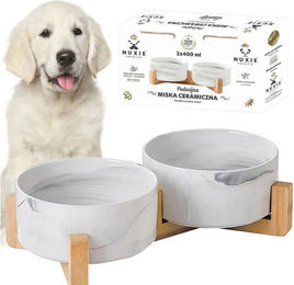 NUXIE Premium Katzennapf-Set aus Keramik mit Bambusständer und Marmordesign 2x400ml Weiß – Bild 1 von 1