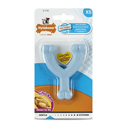 Produktbild von Nylabone Wishbone Puppy Kauspielzeug für Welpen mit Hühnergeschmack Blau XS