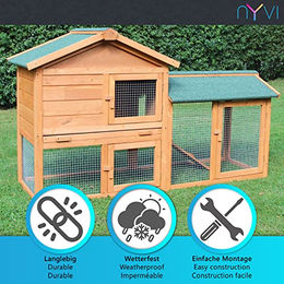 NYVI XXL Hasenstall mit Auslauf aus Holz für Kaninchen und Meerschweinchen wetterfest 146x86x52cm Natur – Bild 1 von 8