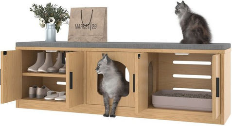 OKWISH Tierhaus Versteckter Katzenschrank, 140 x 40 x 45,5 cm, mit integrierten Kratzbrettern und Belüftung, Tiermöbel – Bild 1 von 5
