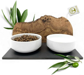 Produktbild von OLIQUE Futterstation für Katzen und Hunde DUO mit Olivenholz und Porzellanschalen - 2 x 0,4 l