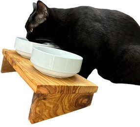 Produktbild von Olivenholz Futternapf Futterstation DANDY PLUS mit 2 Porzellanschalen - 0,4 l