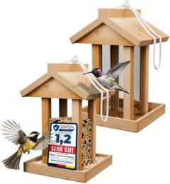 Produktbild von Oramics Vogelfutterhaus aus Holz mit Plexiglasscheiben und Aufhängung