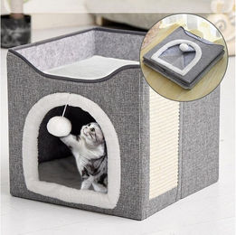 Produktbild von OSTWOLKE Katzenhaus Faltbare Katzenhöhle 2 Schicht mit Kratzbrett und Spielball 39x39x38cm