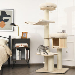Oase Kratzbaum aus Massivholz mit 4 Etagen in Natur und Beige 174 cm – Bild 1 von 2