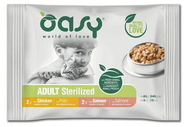 Oasy Katzen Nassfutter Chunks in Sauce Huhn und Pute Sterilized Auswahl 4x85g glutenfrei – Bild 1 von 1