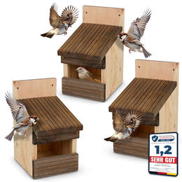 Oramics Meisenkasten Set aus Naturholz 3 Stück zum Aufhängen für Wildvögel wie Spatz und Star in Braun – Bild 1 von 7