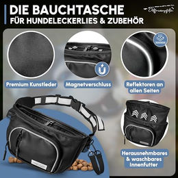 Ostfriesenpfoten Leckerli-Bauchtasche Talea für Hunde aus Kunstleder mit Einhandmagnetverschluss und wechselbarem Innenfutter Schwarz – Bild 1 von 11