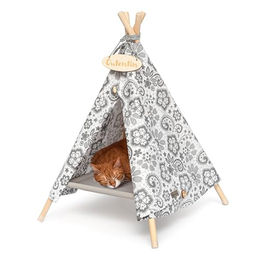 Outentin Katzenhöhle und Hundehöhle Tipi aus Holz mit Blumenmuster 53x53x70cm – Bild 1 von 5