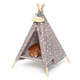 Outentin Katzenhöhle und Hundehöhle Tipi aus Holz mit Sternenmuster Grau Größe S 53x53x70cm – Bild 1 von 4