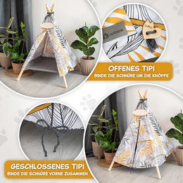 Outentin Tipi Hundehöhle und Katzenhöhle aus Holz mit Blättermuster 53x53x70cm – Bild 1 von 4