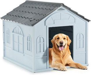 oyajia Hundehütte mit Satteldach aus Kunststoff für kleine und mittlere Hunde wetterfest in Grau – Bild 1 von 5