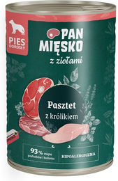Produktbild von PAN MIĘSKO mit Kräutern Pastete mit Kaninchen für adulte Hunde hypallergen 400 g