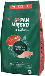 Produktbild von PAN MIĘSKO mit Kräutern Trockenfutter mit Rind und Kaninchen für adulte mittlere Hunde M 20 kg