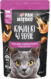 Produktbild von PAN MIĘSKO Nassfutter Huhn mit Garnelen Stücke in Soße für adulte Katzen 85 g