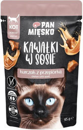 Produktbild von PAN MIĘSKO Nassfutter mit Huhn und Wachtel in Soße für adulte Katzen getreidefrei 85 g