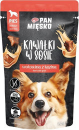 Produktbild von PAN MIĘSKO Nassfutter mit Rind- und Ziegenfleisch in Soße für adulte Hunde getreidefrei 150 g