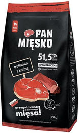 Produktbild von PAN MIĘSKO Trockenfutter mit Rind und Ziegenfleisch für adulte Hunde M hypoallergen 20 kg