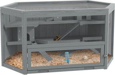 Produktbild von PawHut 3 Etagen Nagerkäfig 6-eckig aus Holz mit klappbarem Deckel und Sichtfenster