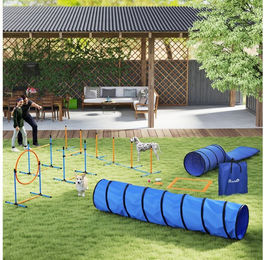 Produktbild von PawHut Agility-Hürde mit 2 Tunnel Höhenverstellbar Sprungring & Hürden Slalomstangen, Kunststoff, Oxford-Gewebe, Agility Set Hunde (11-tlg) Steckhürdenset für Hundetraining, Orange