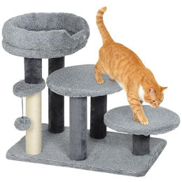 PawHut Haustiertreppe Dreistufiges Design (Tiertreppe, 1-St., Katzentreppe für Katzen bis 6 kg), Plüschstoff, Sisalkratzsäule, Grau – Bild 1 von 9