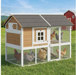 PawHut Hühnerstall Hühnerhaus mit Auslauf Nistkasten herausziehbarem Tablett Asphaltdach, aus Holz für 4 Hühner 200 x 104 x 145 cm Braun – Bild 1 von 5