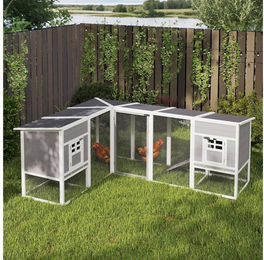 PawHut Hühnerstall L-förmiges Hühnerhaus aus Holz mit 2 Häusern 2 Ebenen Auslauf Rampe, für Garten, 251 x 192 x 103 cm, Grau – Bild 1 von 5