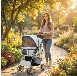 PawHut Hundebuggy Faltbar Katzenwagen mit Reflektorstreifen Aufbewahrungskorb Kissen, (Hundewagen, 1-tlg), für kleine Hunde bis 10kg, Grau – Bild 1 von 5