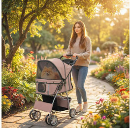 PawHut Hundebuggy Faltbar Katzenwagen mit Reflektorstreifen Aufbewahrungskorb Kissen, (Hundewagen, 1-tlg), für kleine Hunde bis 10kg, Kaffee – Bild 1 von 5