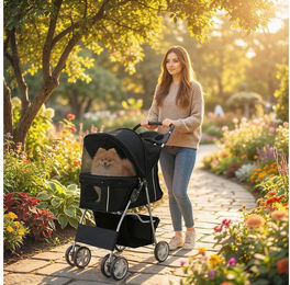 PawHut Hundebuggy Faltbar Katzenwagen mit Reflektorstreifen Aufbewahrungskorb Kissen, (Hundewagen, 1-tlg), für kleine Hunde bis 10kg, Schwarz – Bild 1 von 5