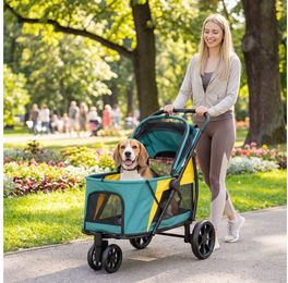 PawHut Hundebuggy Katzenwagen mit Kissen, Netzfenstern, Rückentasche, Räder, Tür, (Hundewagen, 1-tlg), für mittelgroße Hunde bis 20kg, Dunkelgrün – Bild 1 von 5